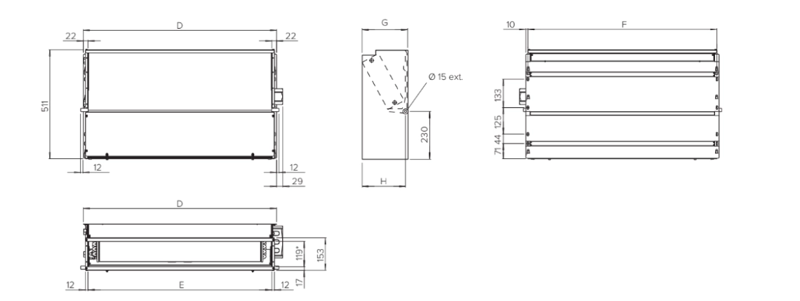 Dijagram koji prikazuje dimenzije MyCond SEC/F serije ventilokonvektora.