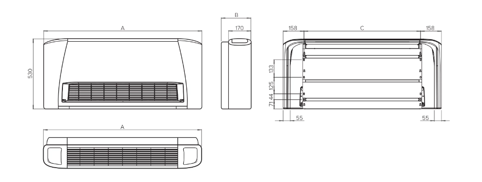 Dijagram koji prikazuje dimenzije MyCond SEC/F serije ventilokonvektorskih jedinica.