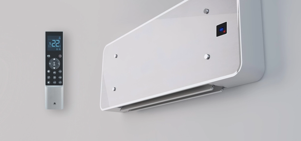 Srebrni stakleni zidni ventilatorski konvektori uljepšavaju moderne životne prostore.