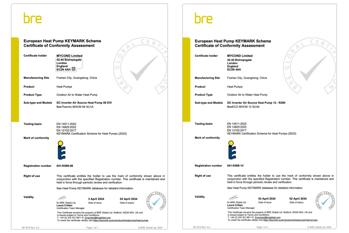 Toplinske pumpe Mycond certificirane su od strane Keymarka za usklađenost s učinkovitošću.
