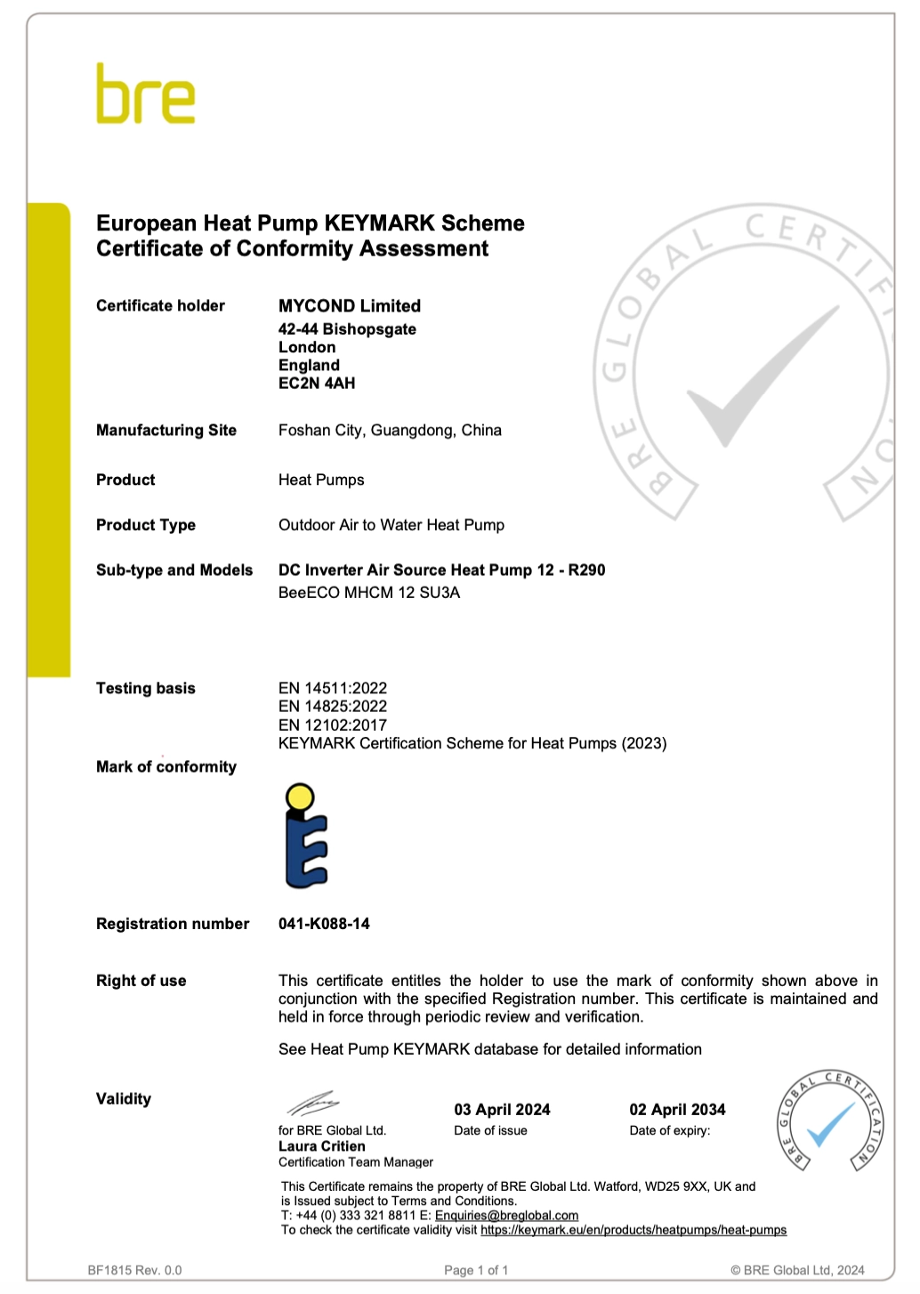 Certifikat o sukladnosti Mycond BeeEco KEYMARK