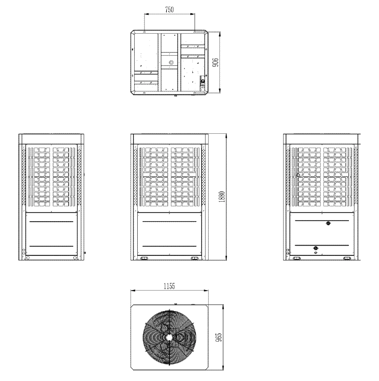 MyCond dijagram koji prikazuje dimenzije propanskih MCU-YHP modula za proširenje.