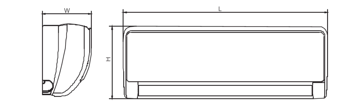 MyCond dijagram koji prikazuje dimenzije zidnih ventilokonvektorskih jedinica iz serije MHW.