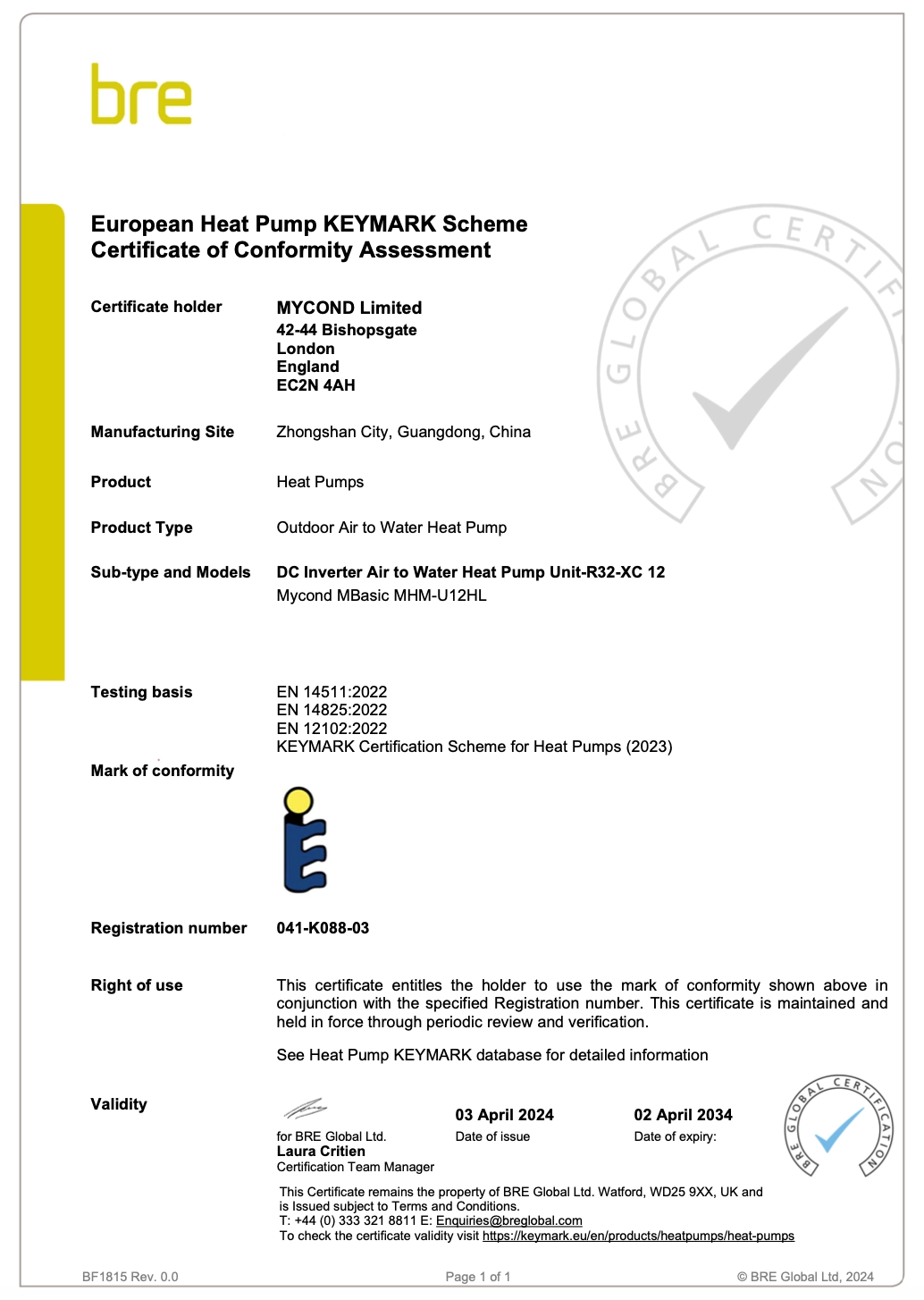MyCond MBasic certifikat o sukladnosti KEYMARK