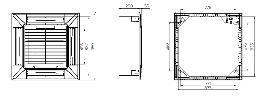 MyCond MCFK-T2 Elegantni dizajn 4-smjerne kasetne ventilokonvektorske jedinice za strop.