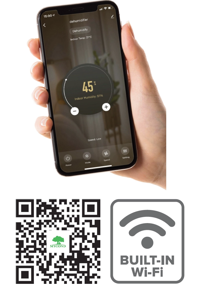 Odvlaživač zraka MyCond Roomer Smart 25 s istaknutim značajkama energetske učinkovitosti.