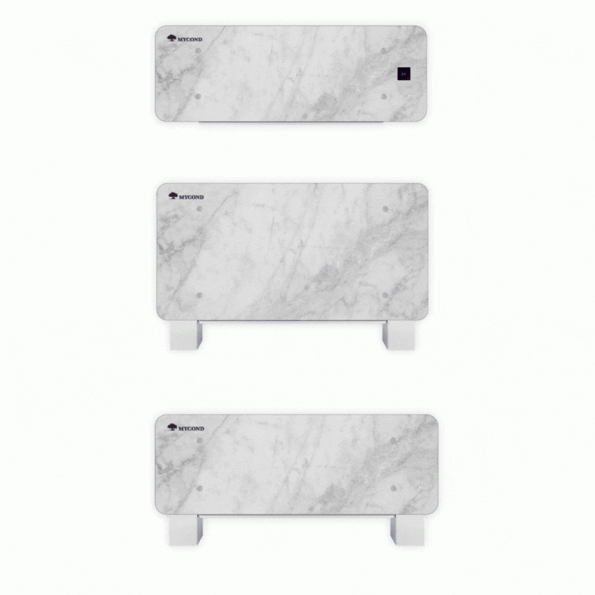 MyCond Silver Glass Wall Moderna zidna ventilokonvektorska jedinica u dizajnu srebrnog stakla.