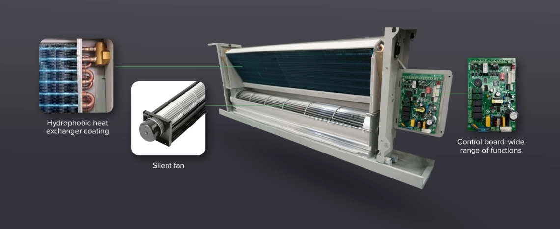 Moderni srebrni stakleni zidni ventilatorski konvektor koji uljepšava elegantan interijer doma.